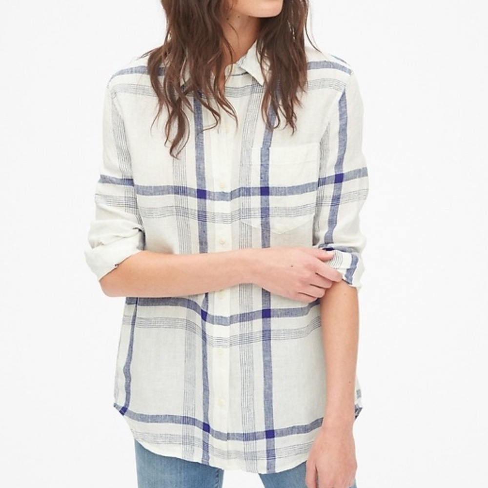 GAP Linen White and Blue Plaid Shirt